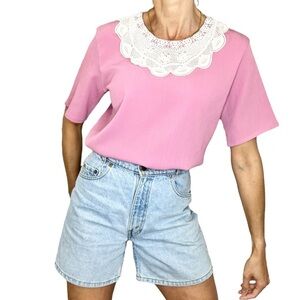 Vintage pink crinkly short sleeve crochet lace doily collar blouse top 12